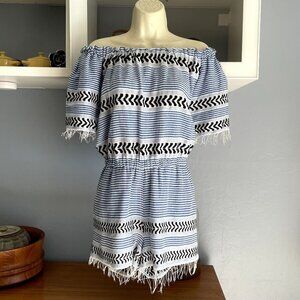 LemLem Off-Shoulder Striped Romper Fringe Hem Boho Festival